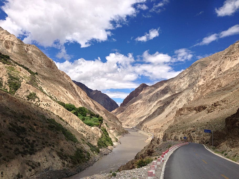 mountains, blue sky, white cloud, road, cloud - sky, scenics - nature HD wallpaper