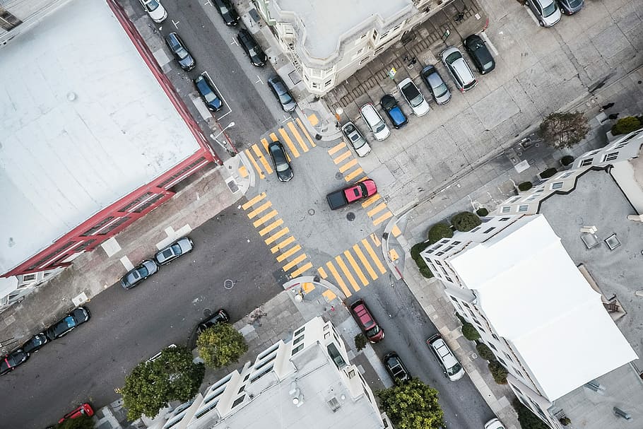 Street Road Intersection From Above, aerial, aerial view, cars