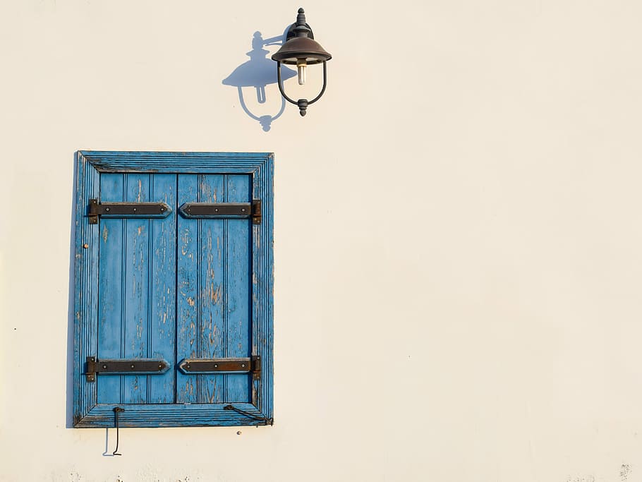 closed blue wooden window under brown sconce, lamp, wall, white, HD wallpaper