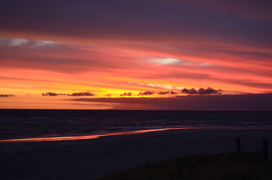 sunset, sea, sky, beach, summer, red, exotic, heat, nature HD wallpaper