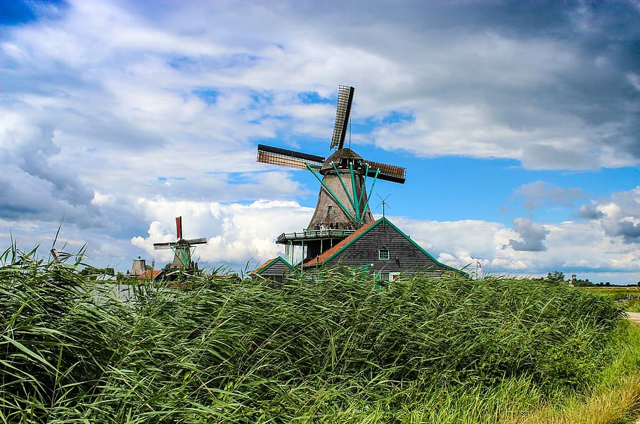 windmill surrounded green trees field under blue and white cloudy sky HD wallpaper