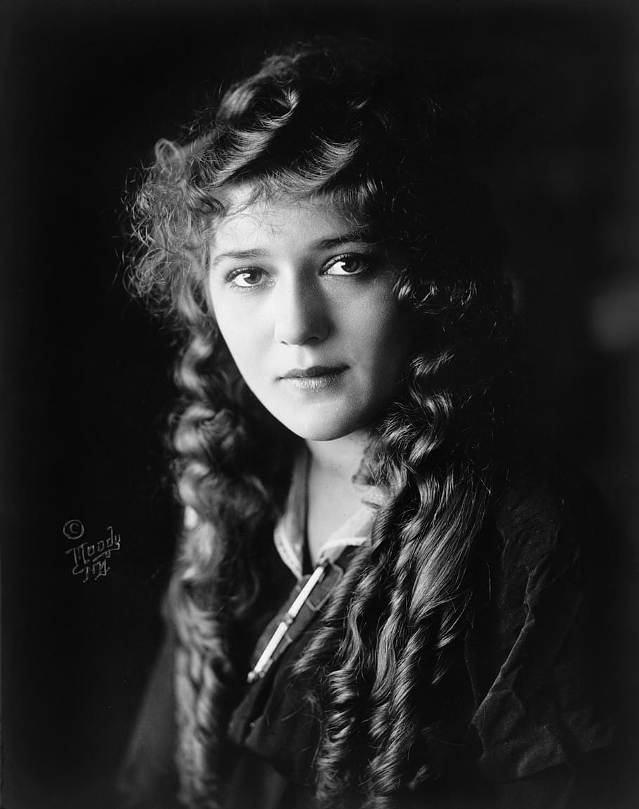 grayscale photography of woman with curly hair, mary pickford