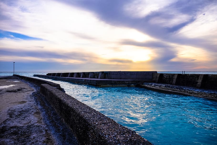 sea, dawn, landscape, nature, beach, clouds, cloudy, concrete HD wallpaper