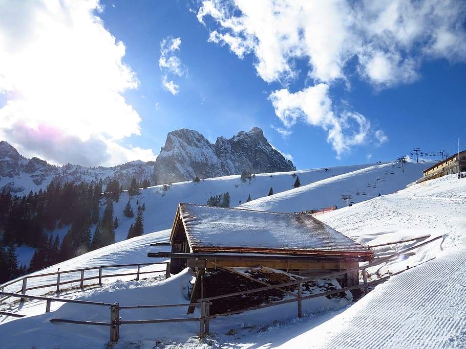 Mountain, Hut, Snow, Winter, White, aggenstein, breitenberg, HD wallpaper