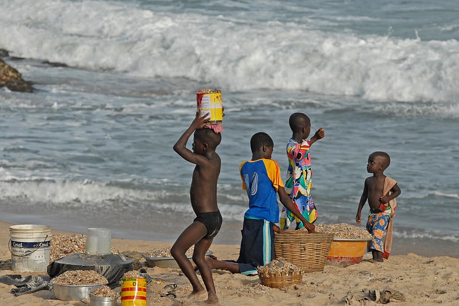 ghana, children, surf, sea, water, mussels, boys, beach, childhood, HD wallpaper