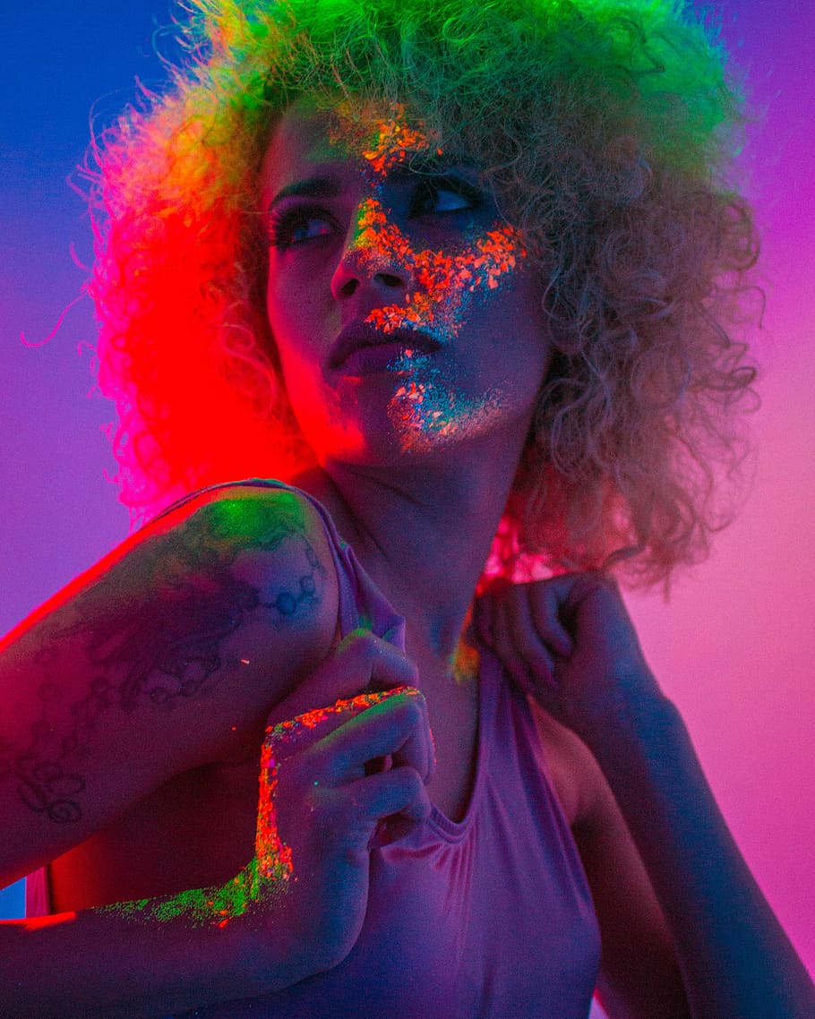NEON POP, untitled, portrait, studio, blonde, glitter, color HD wallpaper