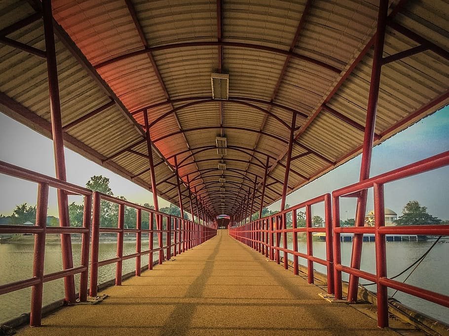 line, red, bridge, shadow, pond, architecture, the way forward HD wallpaper