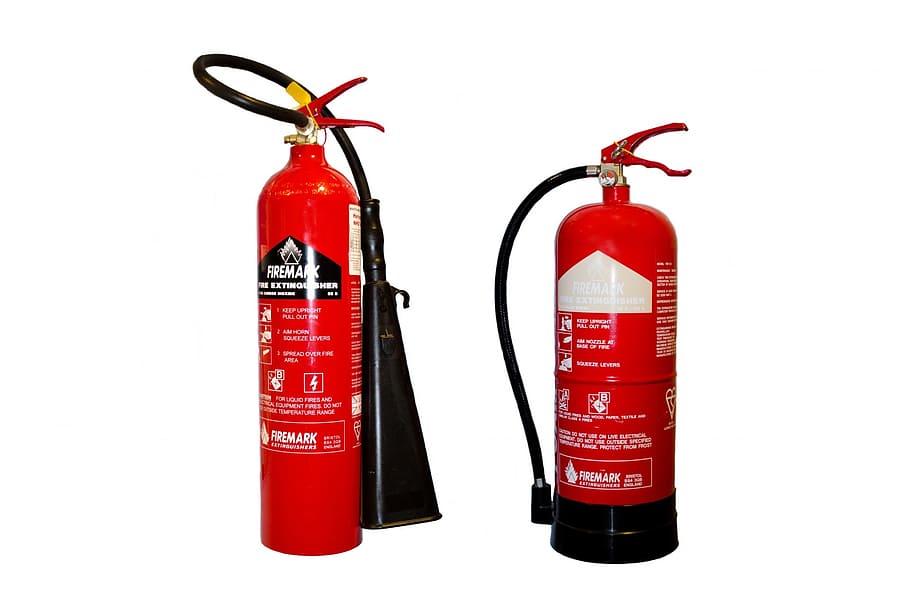 two red fire extinguishers, alarm, batch, burning, clear, clipping