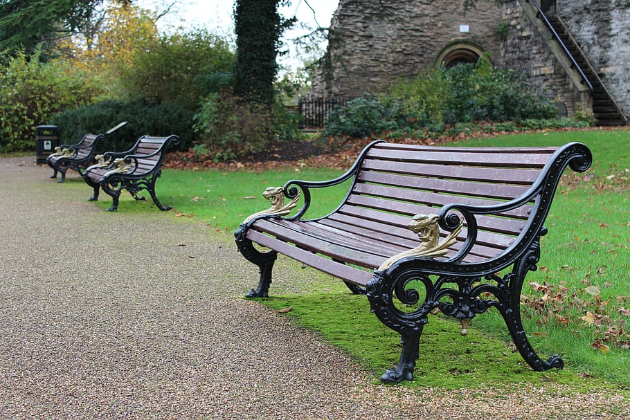 bench, park, castle, park bench, grass, green, tree, nature, HD wallpaper