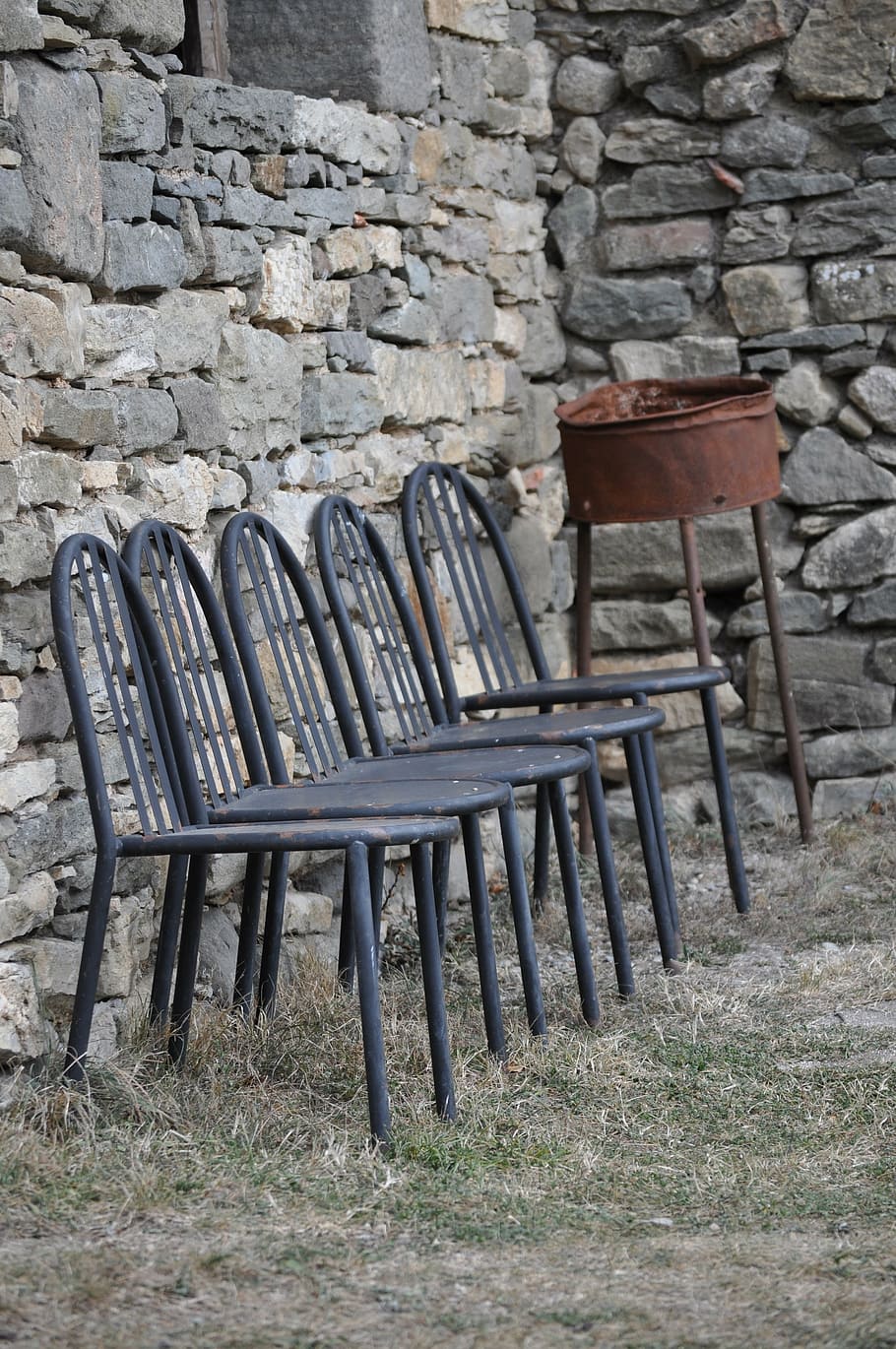 chairs, rustic, iron, seat, empty, wall, stone wall, absence HD wallpaper