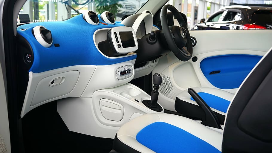 white and blue vehicle interior, car, car interior, dashboard