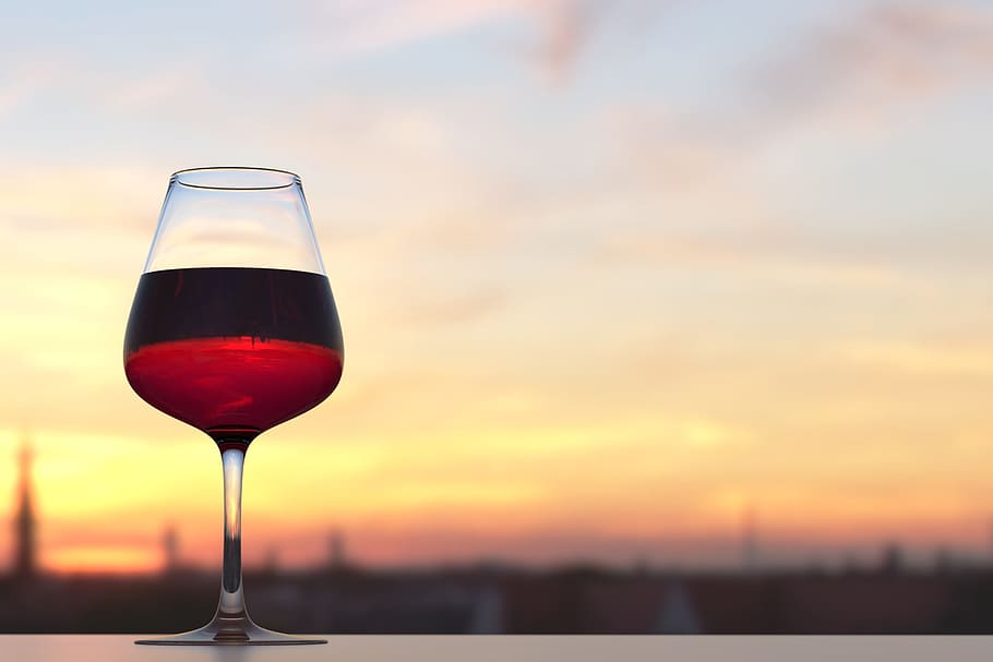 Glass of red wine at sunset, food/Drink, alcohol, drinks, summer