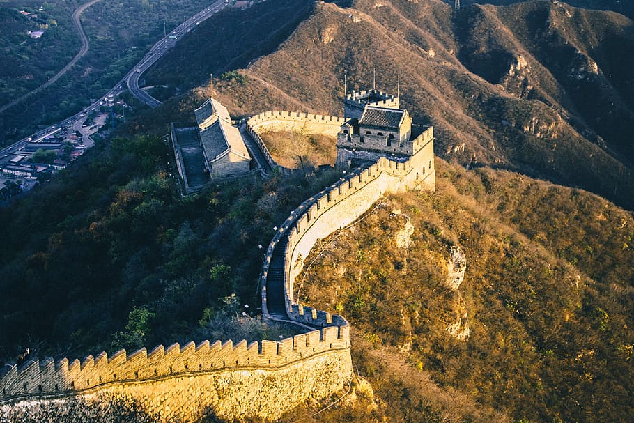Great Wall of China in aerial view, Great Wall of China, castle HD wallpaper