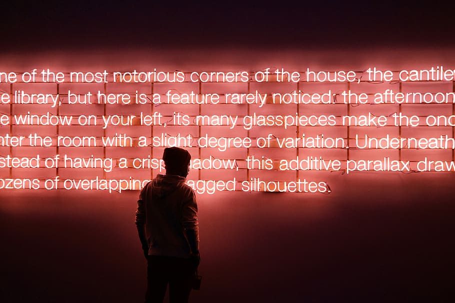man near LED sing, man reading neon light signage, wall, text HD wallpaper