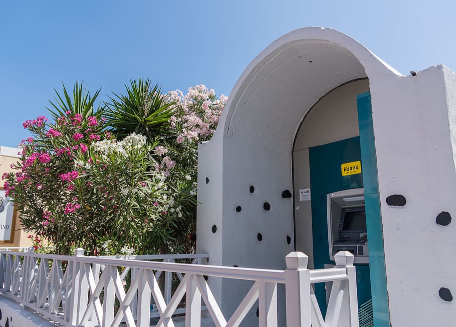 Santorini, Oia, Greece, Flowers, architecture, money machine, HD wallpaper