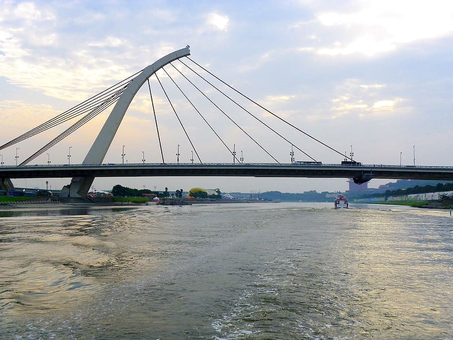 Japan, Clouds, River, Water, sky, reflections, bridge, architecture HD wallpaper