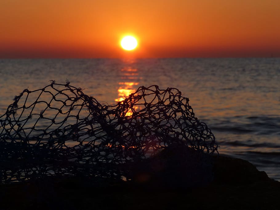 fishing, network, dawn, horizon, sea, networks, water, landscape HD wallpaper