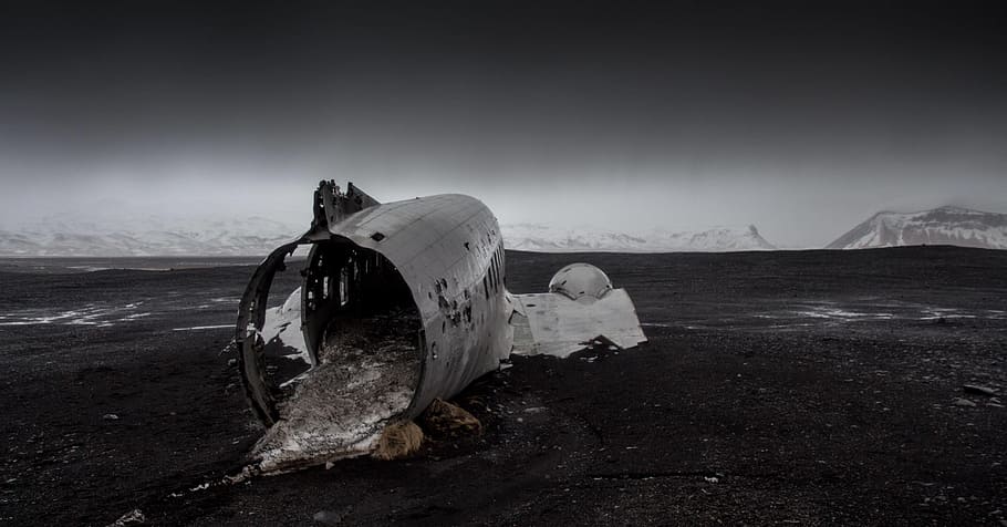 plane, destroyed, wreck, crash, debris, sky, mountain, land, nature HD wallpaper