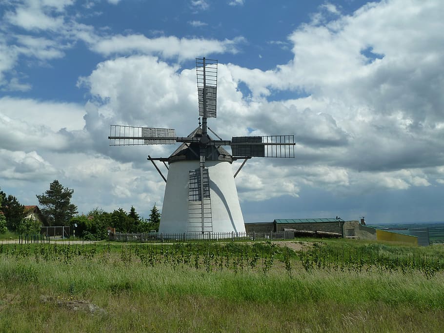 retz, windmill, landscape, clouds, nature, rural Scene, blue HD wallpaper