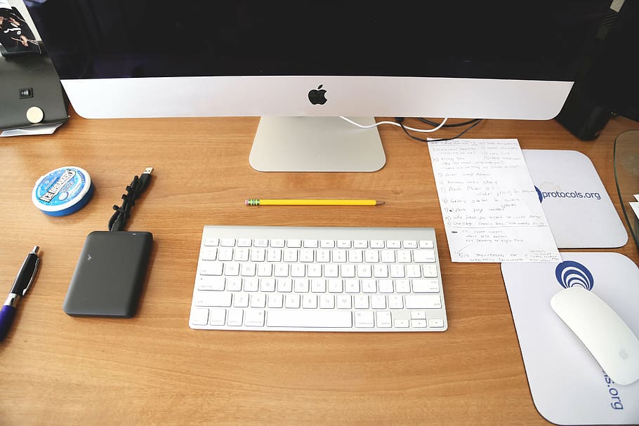 iMac desktop set, computer, startup, start-up, apple inc, creative HD wallpaper