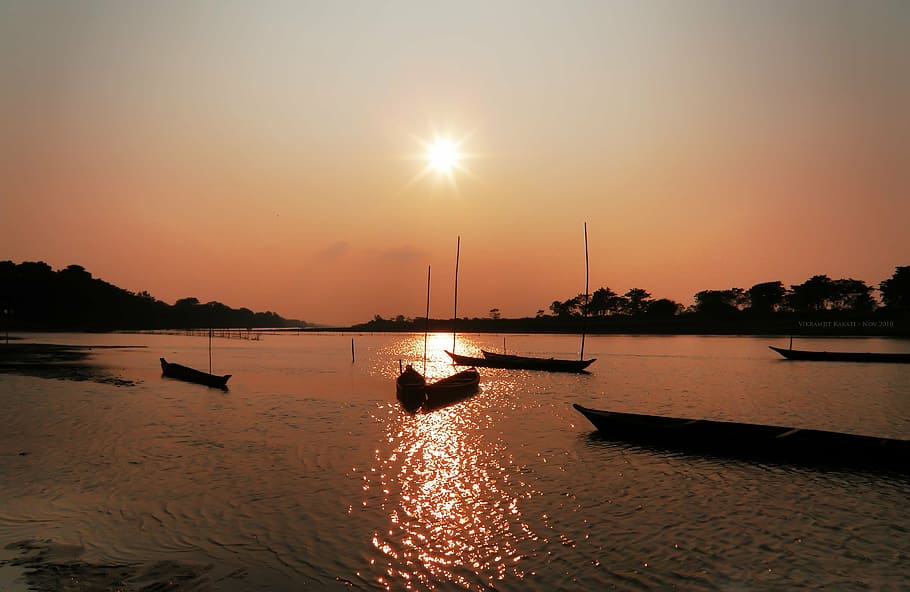 boat on body of water during sunset, landscape, assam, india HD wallpaper