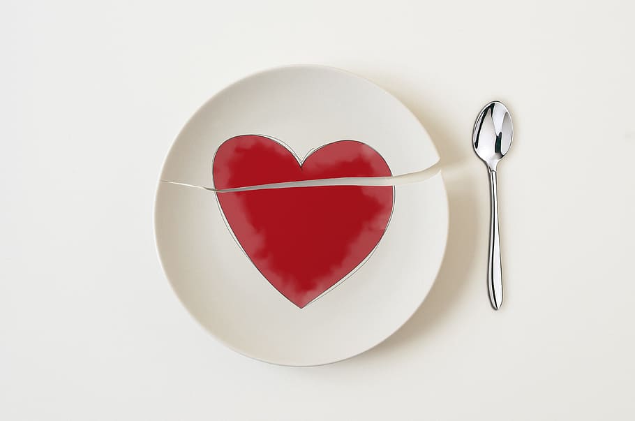 broken heart, love, romantic, broken plate, red, heart shape, HD wallpaper