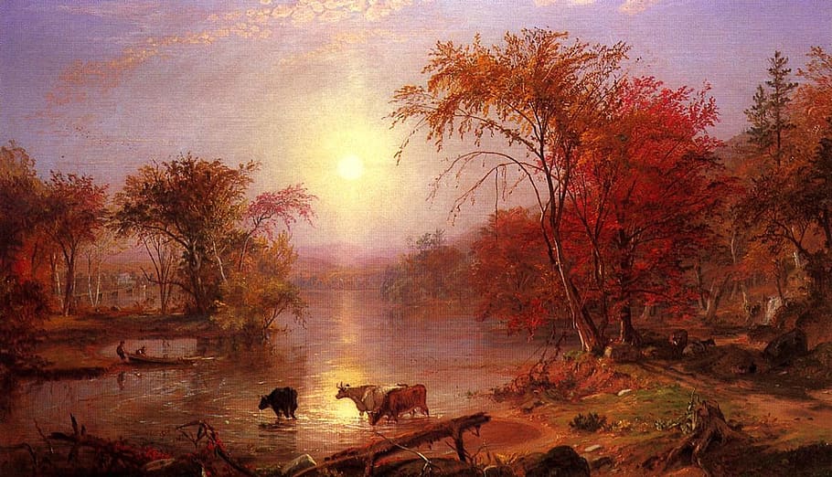 brown cow near river surrounded by trees painting, albert bierstadt
