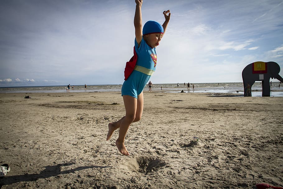 Superman, Beach, Jump, Child, Fun, costume, childhood, limb HD wallpaper