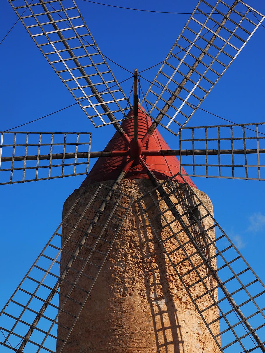 windmill blades, wind power, algaida, mallorca, landmark, places of interest, HD wallpaper