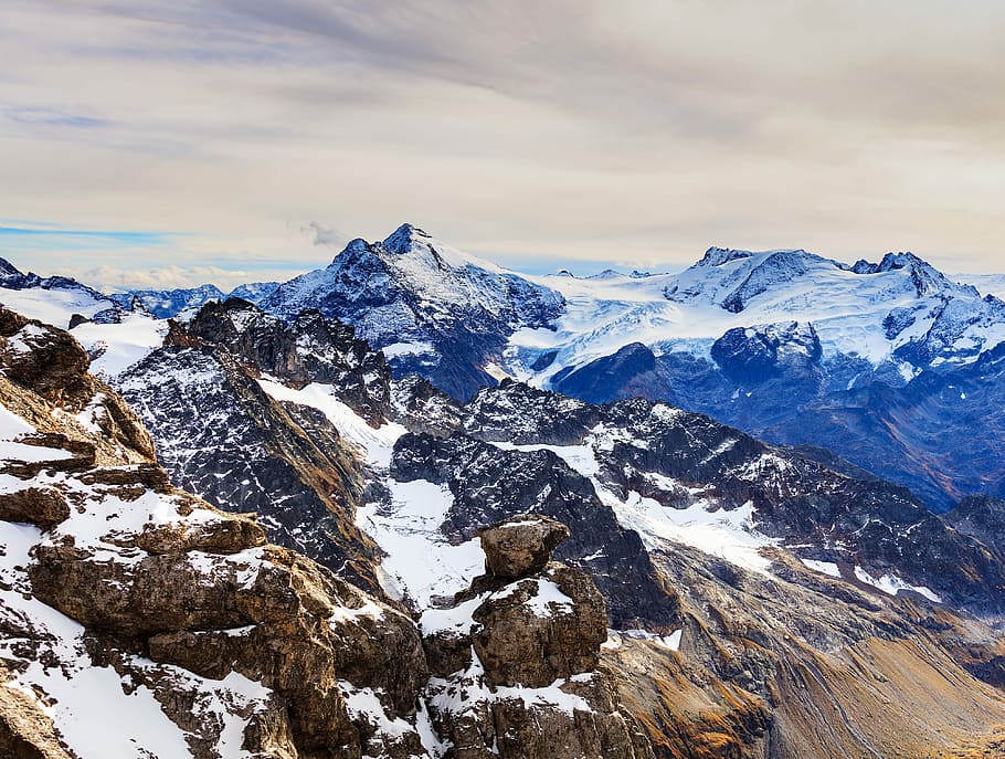 snow covered mountain terrain, black mountain filled with snow HD wallpaper