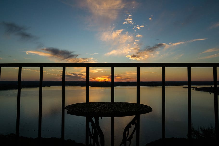 Lake Travis, Austin Texas, Sunset, balcony, water, colors, scenic, HD wallpaper