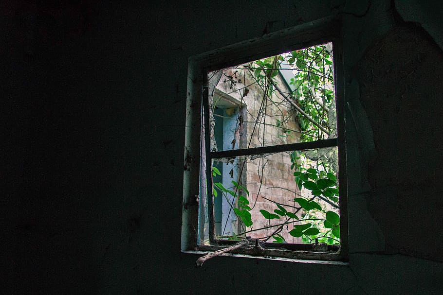 rectangular brown wooden framed window at daytime, window with a scene of brick house HD wallpaper