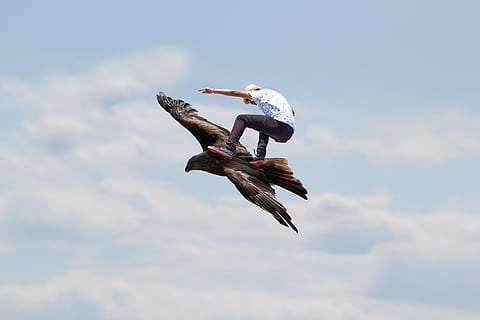 man riding on bird on the sky, Flying, Eagle, Cool, Flight HD wallpaper