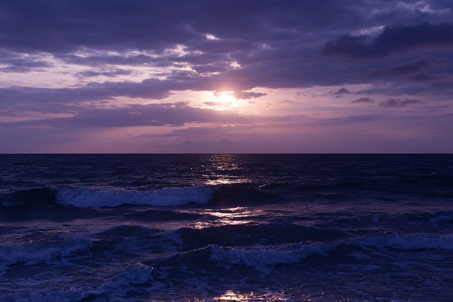 body of water during sunset, dark, sea, ocean, waves, nature HD wallpaper