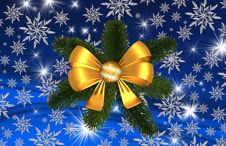 green and yellow ribbon wreath, christmas, star, snowflake HD wallpaper