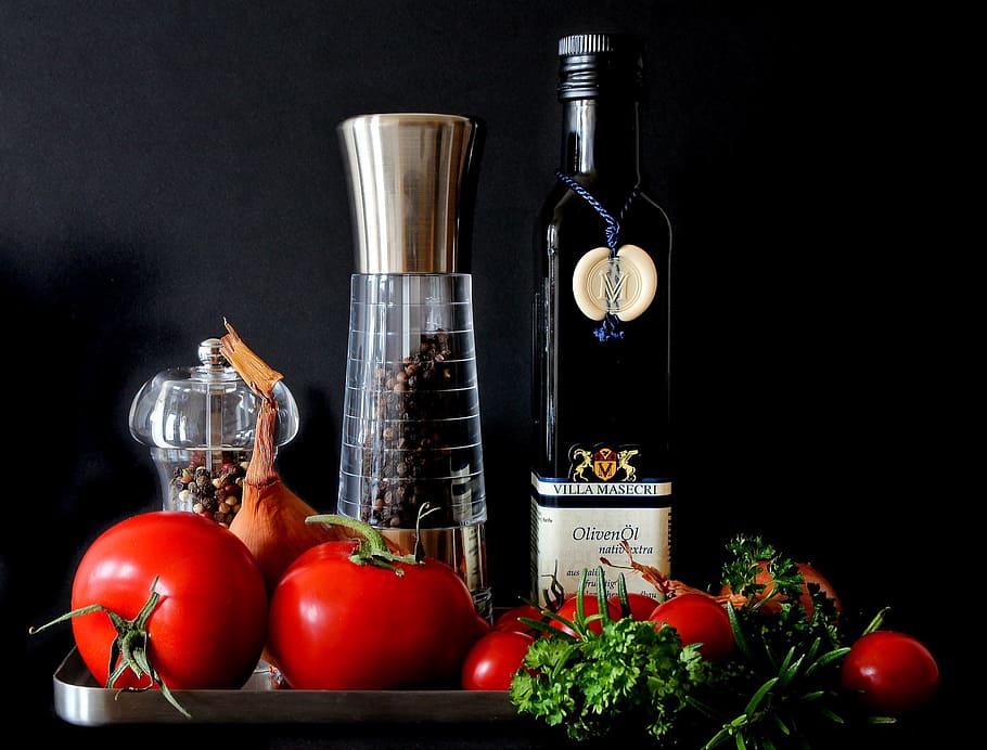 Tomatoes Beside Shakers and Olive Oil Bottle, color, colour, coriander, HD wallpaper