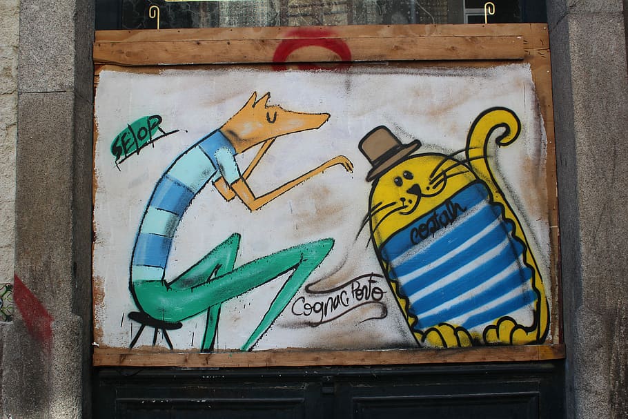 two cats illustration, Wall, Graffiti, Painting, Texture, no people HD wallpaper