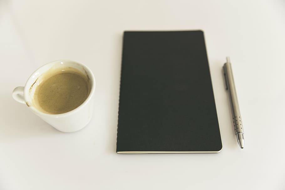 black notebook beside mug and pen, notes, leave, learn, paper, HD wallpaper