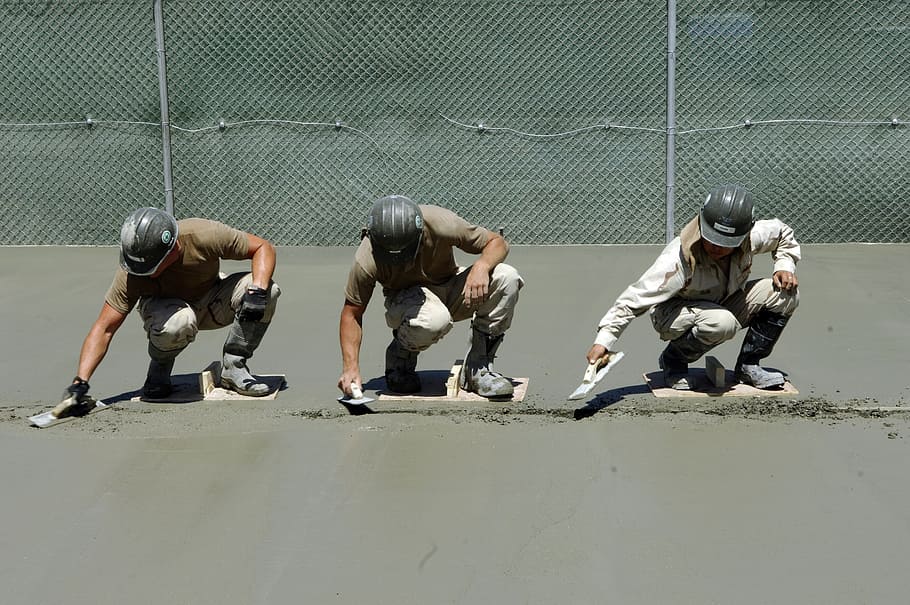 three men using finishing trowels, workers, cement, concrete, HD wallpaper