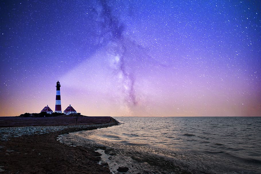 white and red lighthouse, sea, ocean, water, waves, nature HD wallpaper
