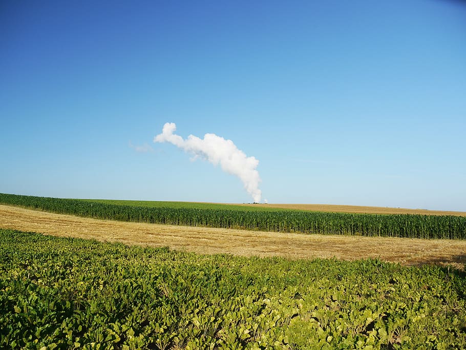 smoke, flag, nature, vs, technology, fields, agriculture, nuclear power plant, HD wallpaper