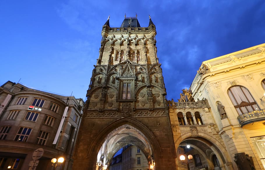 Prague, Powder, Powder Tower, Night, architecture, illuminated HD wallpaper