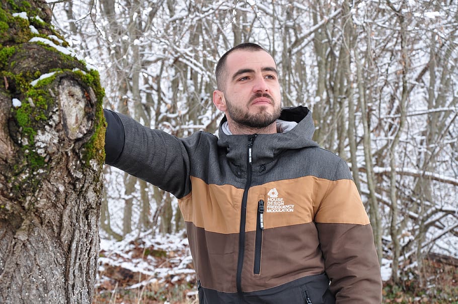 man, winter, snow, timber, jacket, beard, forest, tree, plant HD wallpaper