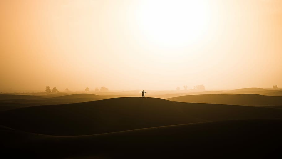 silhouette of man standing on dessert, silhouette of a person standing on desert hill, HD wallpaper