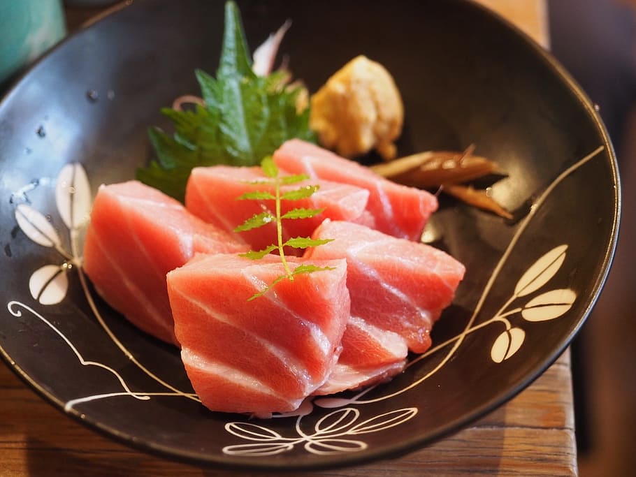salmon sushi dish on brown ceramic plate, sashimi, food, seafood, HD wallpaper