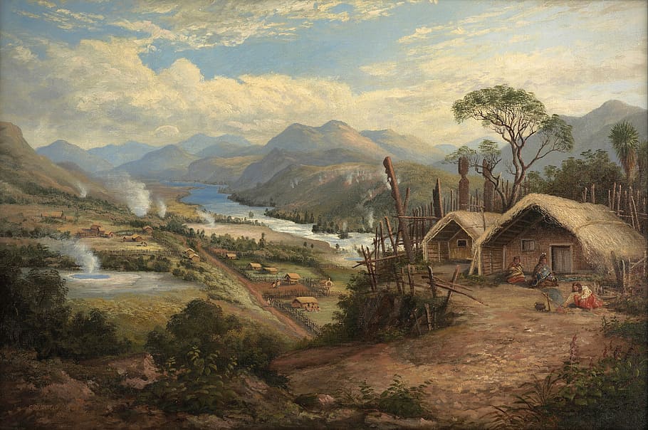people living on brown shacks above hill painting, charles blomfield