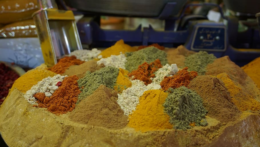 spices, bazaar, isfahan, iran, yellow, freshness, close-up, HD wallpaper