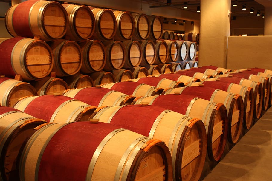 pile of red-and-beige wooden barrel lot, Wine, Barrels, Winery, HD wallpaper