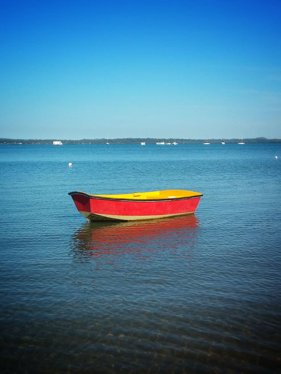 Boat, Boating, Red, Bay, Calm, Blue, Sea, water, reflection HD wallpaper