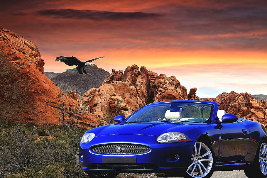 blue convertible coupe on road at golden hour, assembly, graphics HD wallpaper